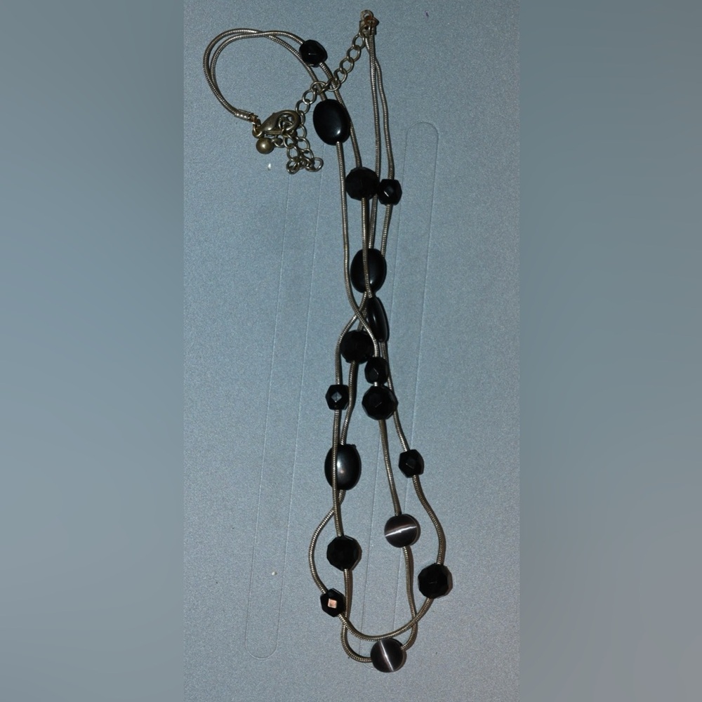 Black Beaded Necklace with Silver Chains